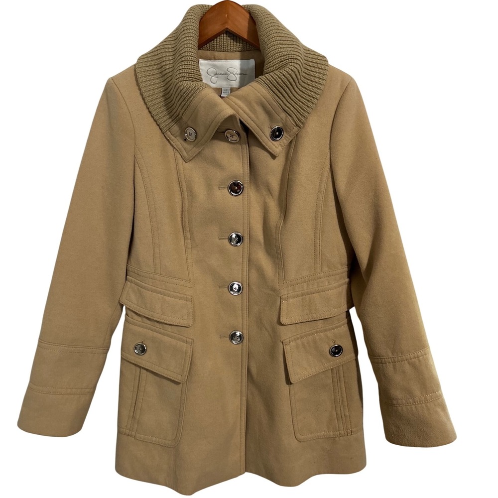 Jessica Simpson Camel Colored Winter Coat Knit‎ Button Down Collar Women's Large